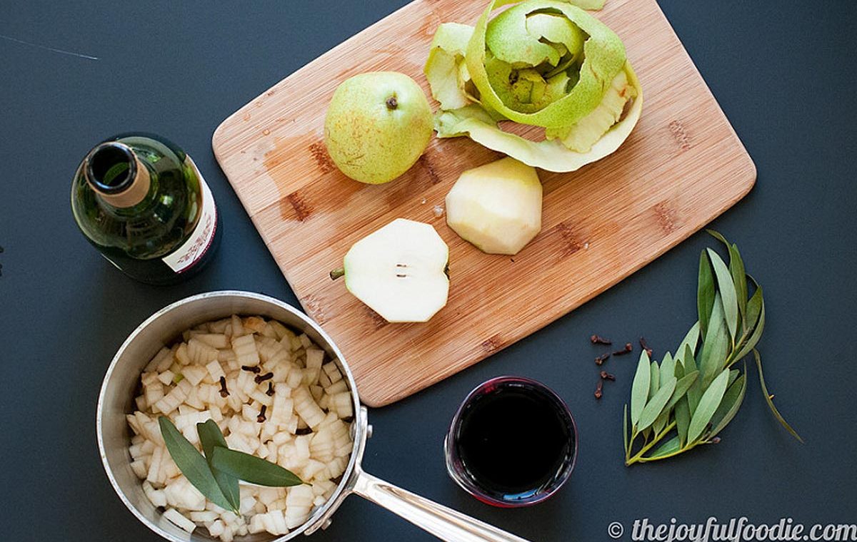 Wine Poached Pears with Goat Cheese and Endive